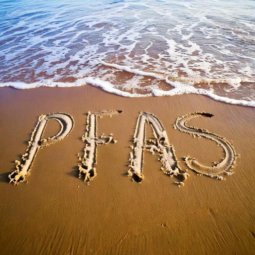pfas written in the sand of a beach next to the water