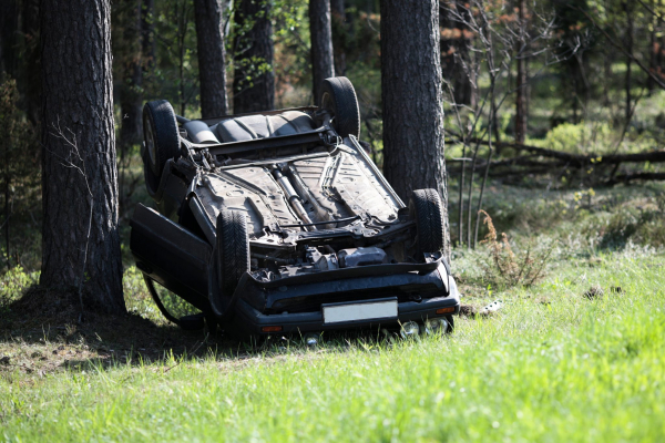 rolled over car next to trees