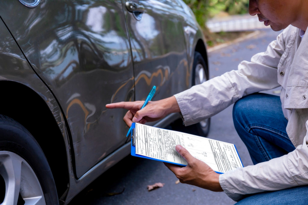 Person surveying car damage onto a clipboard